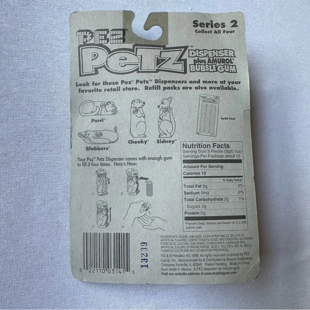1998 PEZ PETZ “CHUNKY” THE CHIPMUNK DISPENSER PLUS AMURAL BUBBLE GUM